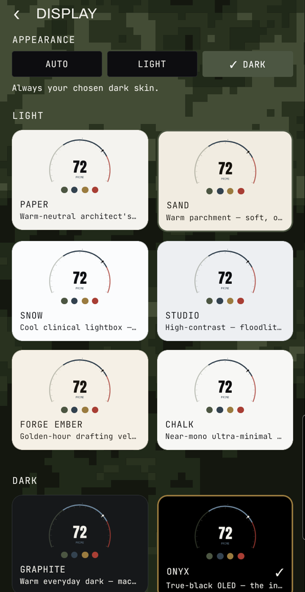 Ascend appearance settings, with light and dark themes shown against its olive digital camouflage background.